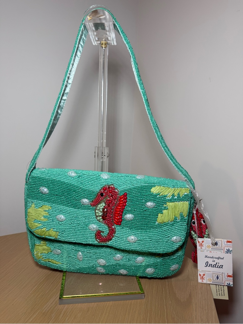 Handcrafted Mint Beaded Seahorse Shoulder Bag